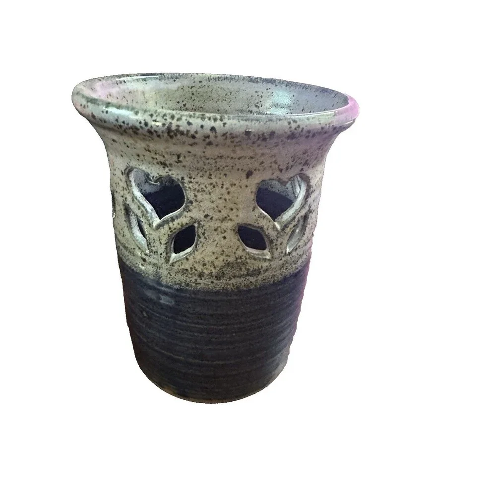 Paul Corbin Art Studio Pottery Stoneware Blue Gray Floral Cutout Utensil Holder